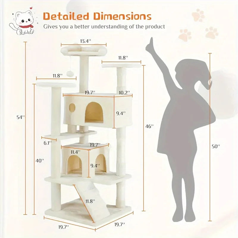 beige tall cat tower for large cats with two kittens lounging on different levels, including a small house structure and a cozy platform  