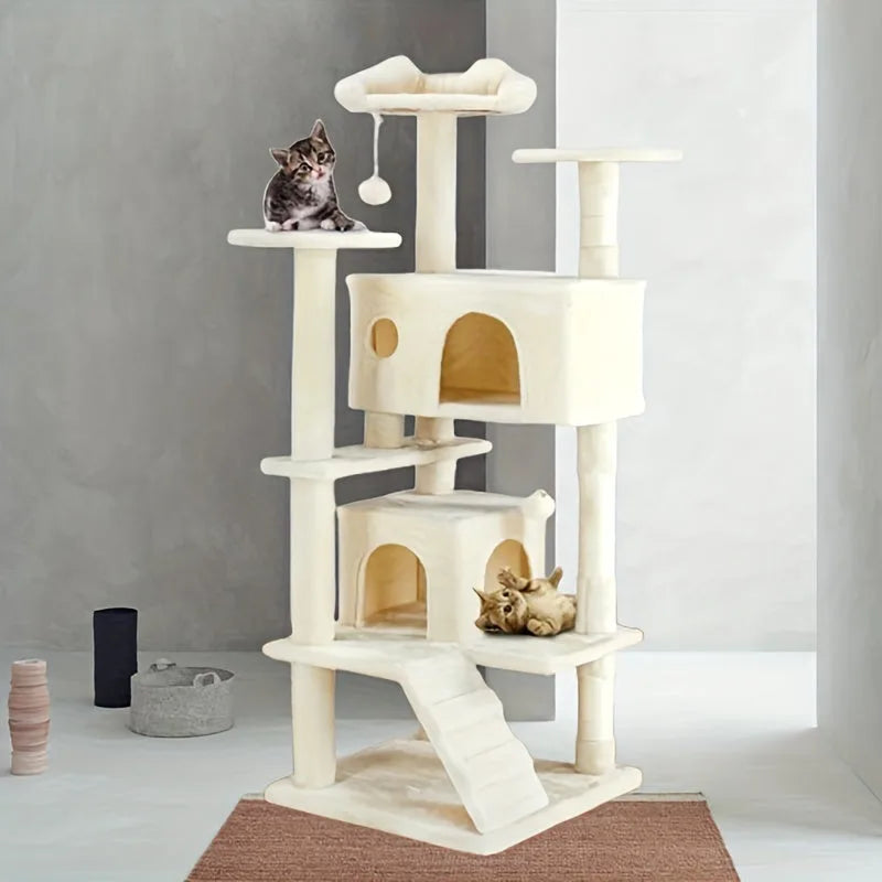 ark grey tall cat tower for large cats with kittens lounging on various levels, including a cozy house structure and several platforms for play and rest."