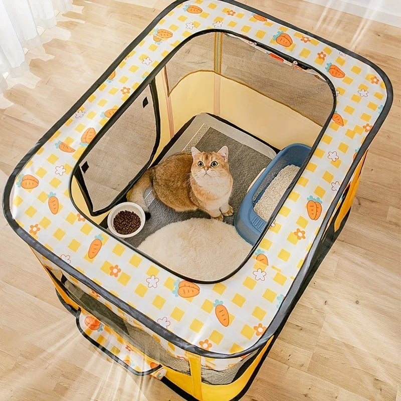 Top view of a cat house with food, litter box, and cozy bedding for indoor cats.