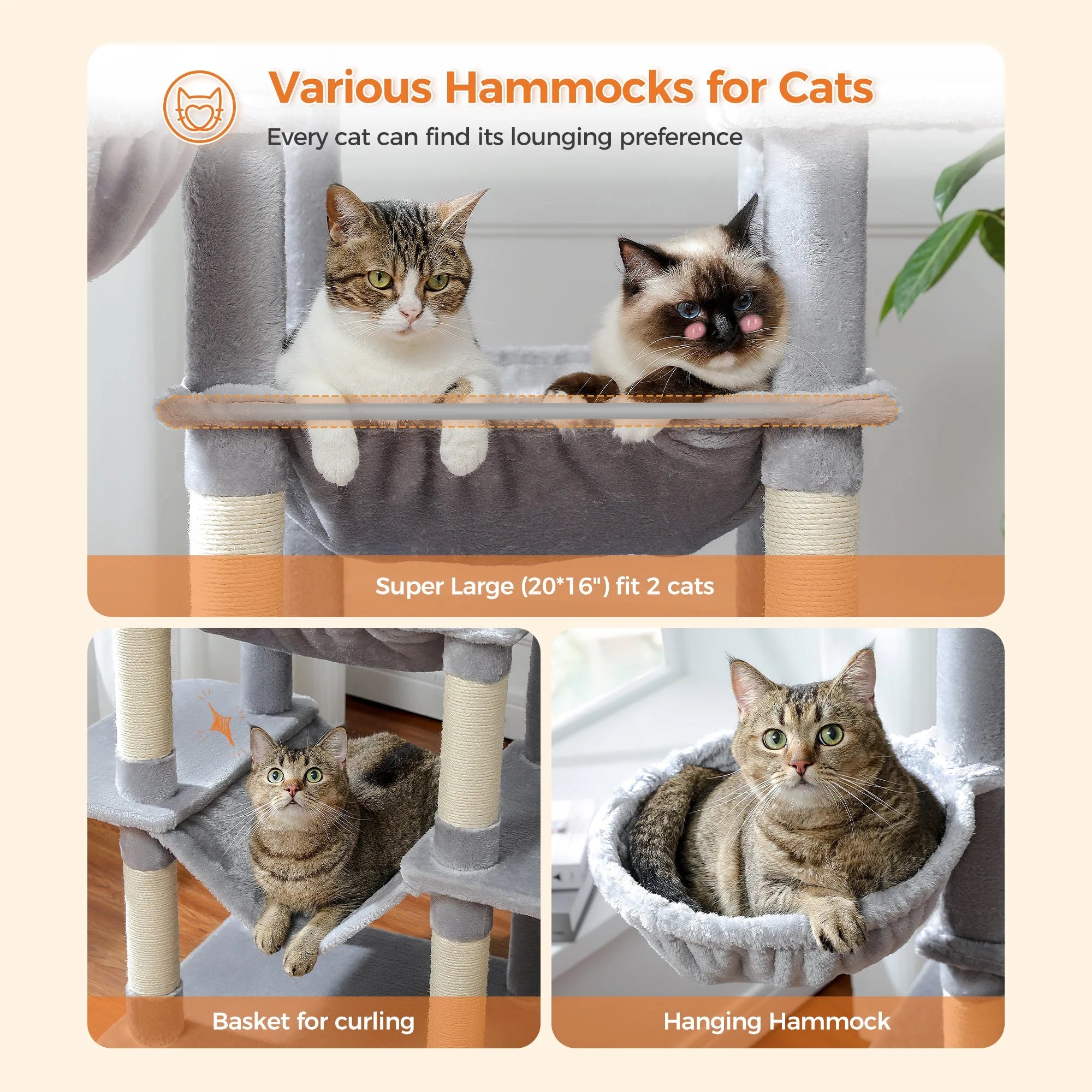 Various hammocks on a cat condo for large cats, offering super large space for two cats and cozy curling baskets.