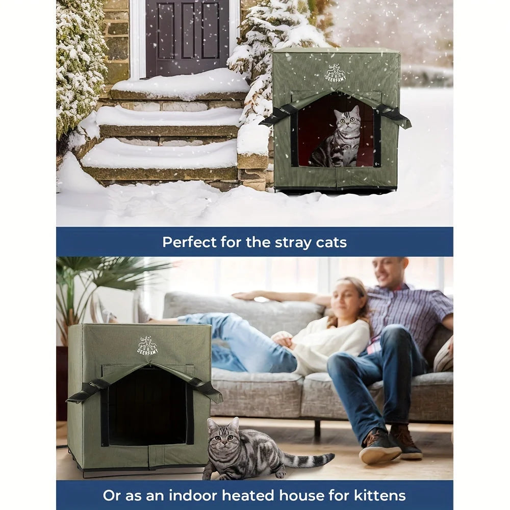 Versatile heated cat house for outside and indoors, suitable for stray cats in winter or as a warm indoor space for kittens.