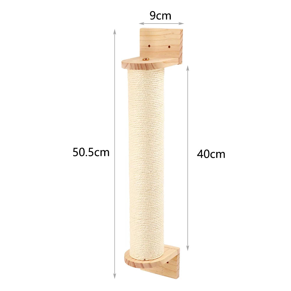 Vertical sisal scratching post with dimensions for wall climb systems for cats.