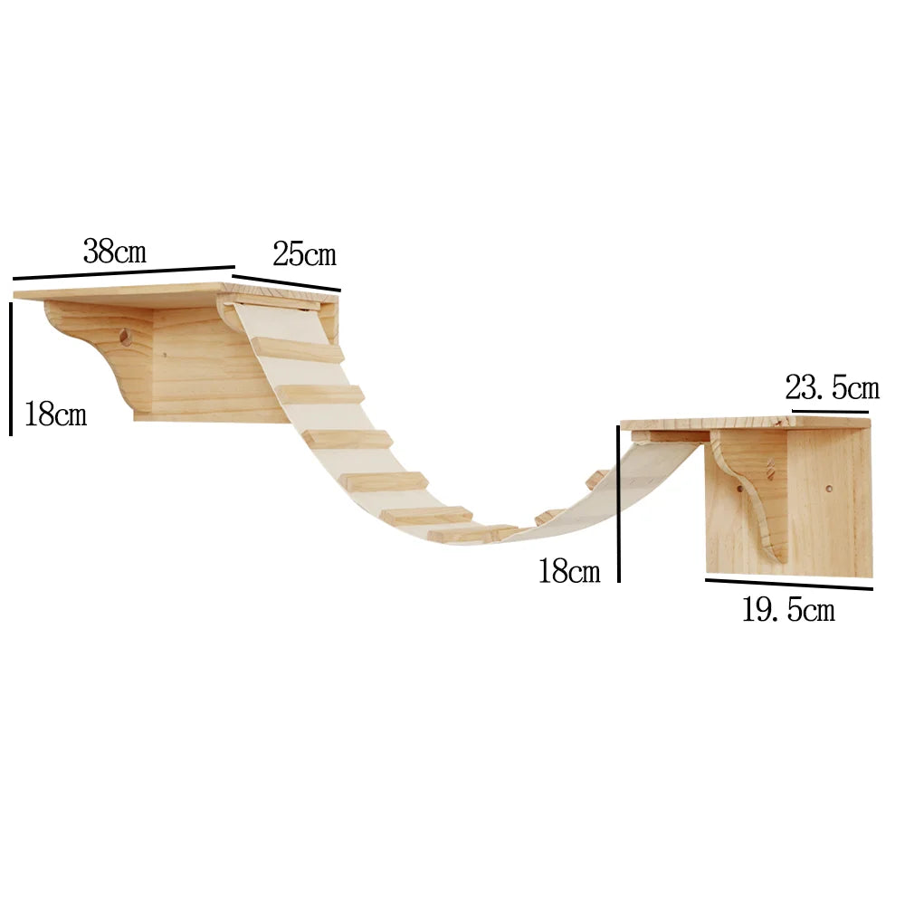 Wall-mounted cat bridge with platforms and dimensions for climbing and exploration.