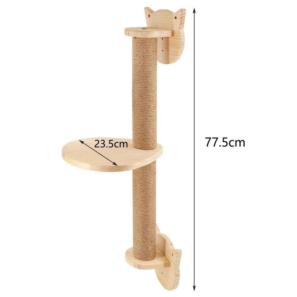 Wall-mounted cat climbing tower with a wooden design and scratching post for feline activity.