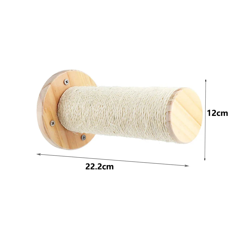 Compact wall-mounted cat scratching post with sisal rope for climbing and scratching.