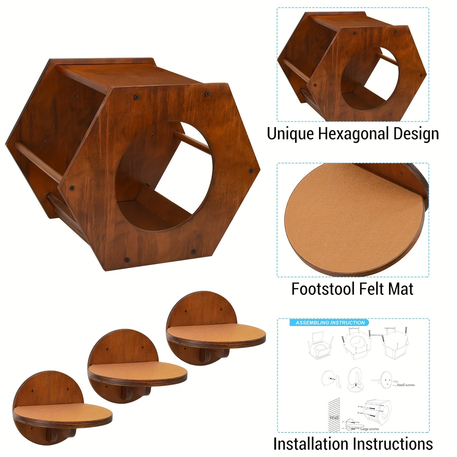 Close-up of the wall-mounted cat shelves featuring hexagonal design, foot mat details, and installation instructions.