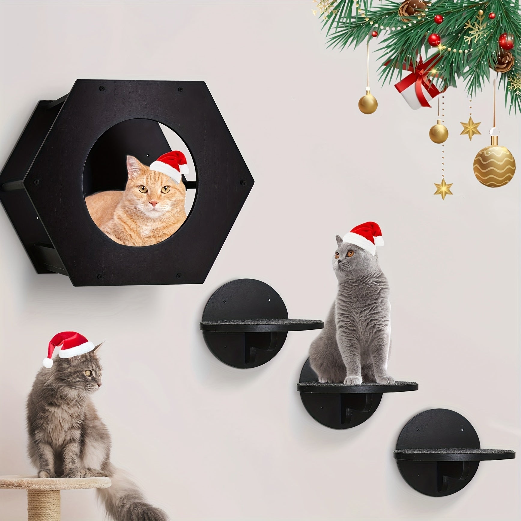 Black wall-mounted cat shelves featuring cats in Santa hats and a hexagonal enclosure with Christmas decorations