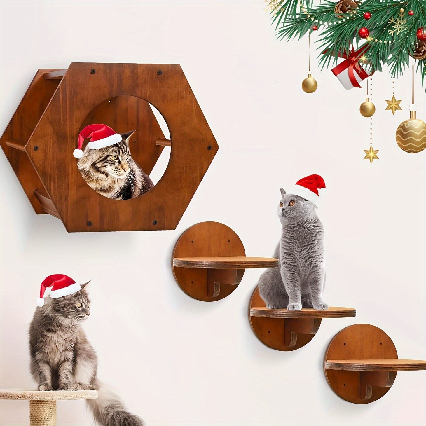 Brown wall-mounted cat shelves with Christmas-themed decorations and cats in Santa hats.