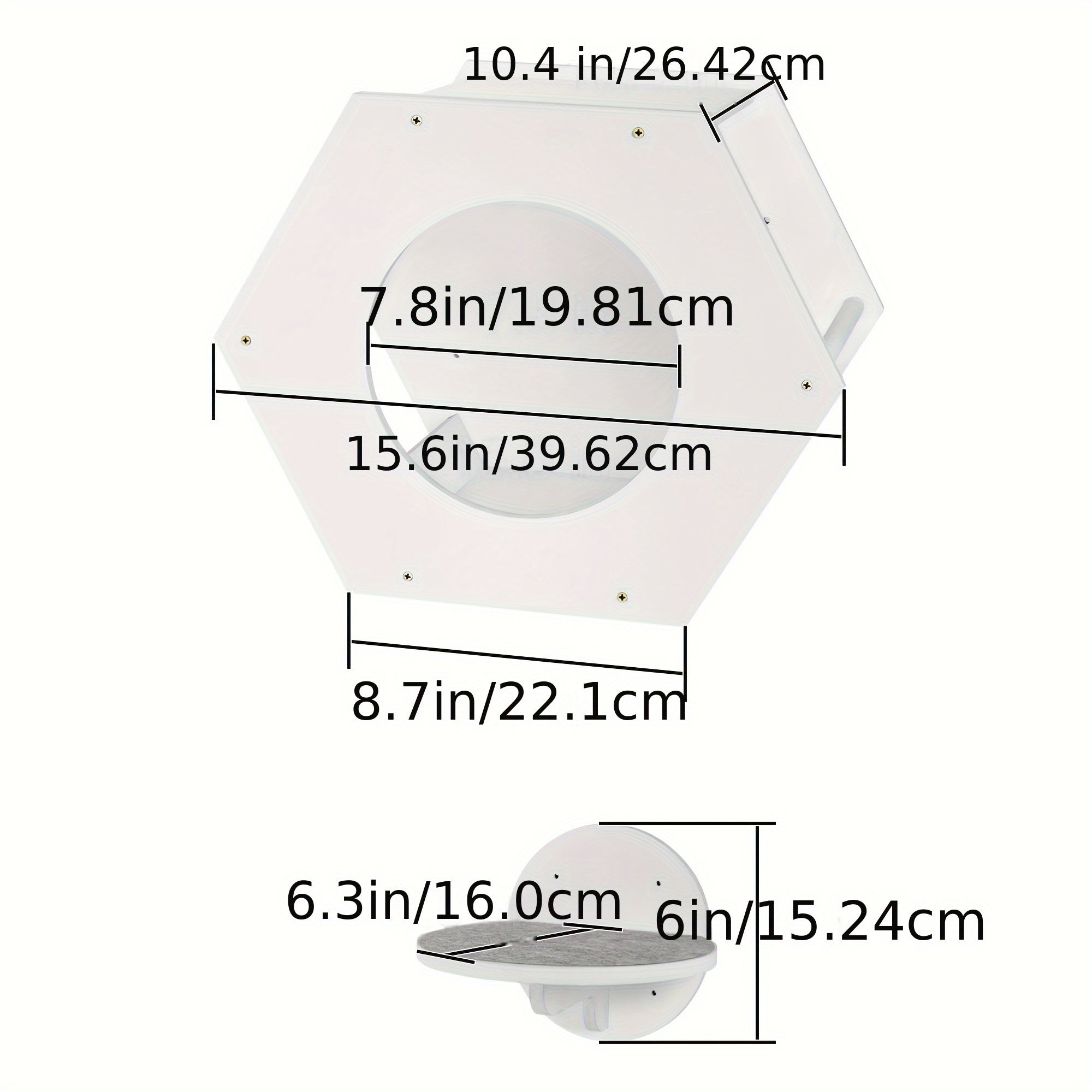 Detailed dimensions of the white wall-mounted cat shelves with hexagonal enclosure and step platforms.