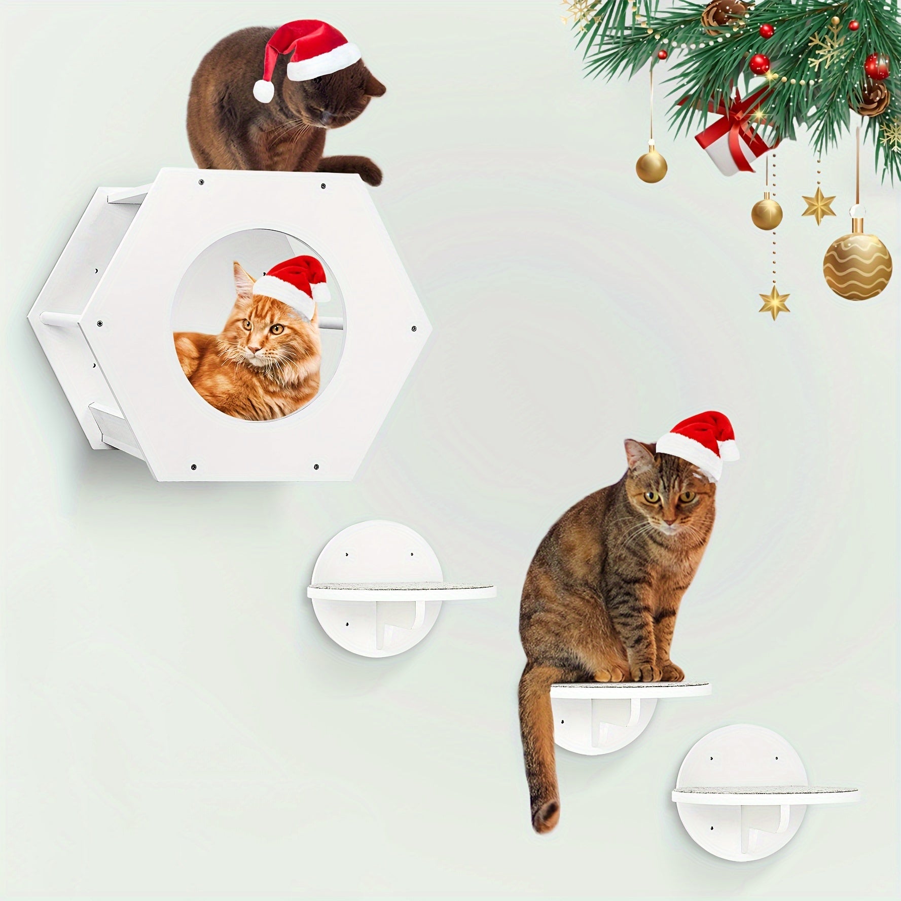 White wall-mounted cat shelves decorated for Christmas with cats wearing Santa hats and festive ornaments.