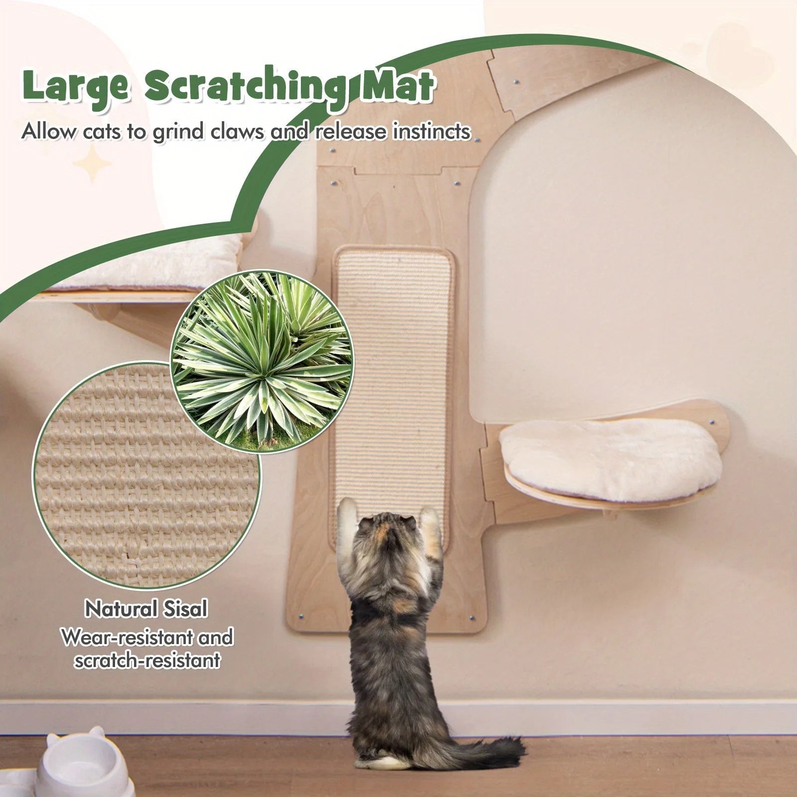 "Comfortable hammock on a wall-mounted cat tree, providing a cozy spot for cats to curl up and relax with an easy-access cat hole."
