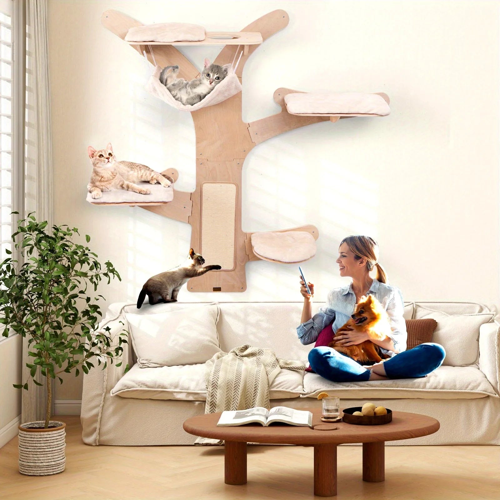 "Wall-mounted cat tree with multiple cats playing on cozy cushioned platforms, offering a stylish and functional space for your pets to climb and rest."
