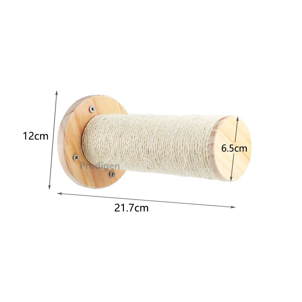 Wall-mounted scratching post dimensions for cat wall climb setup.