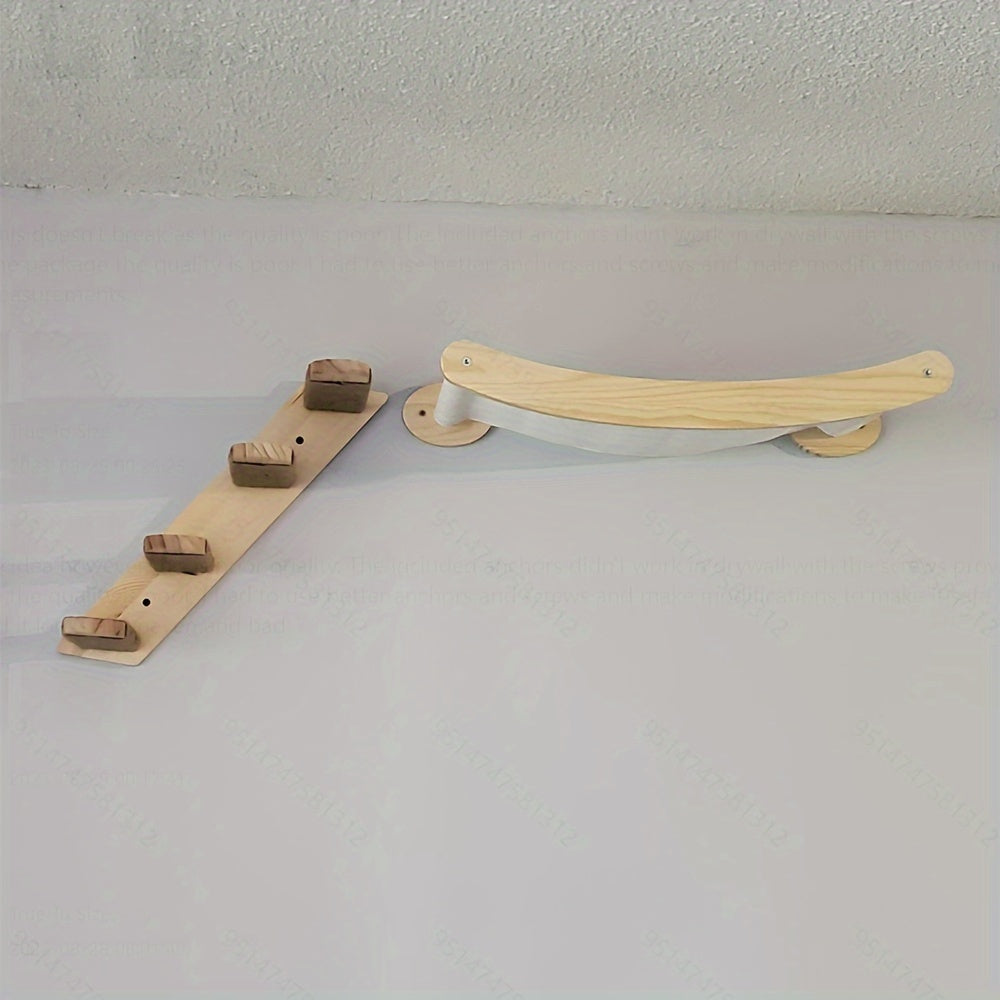 Assembly parts for DIY wall shelves for cats, showcasing wooden planks and brackets for easy installation