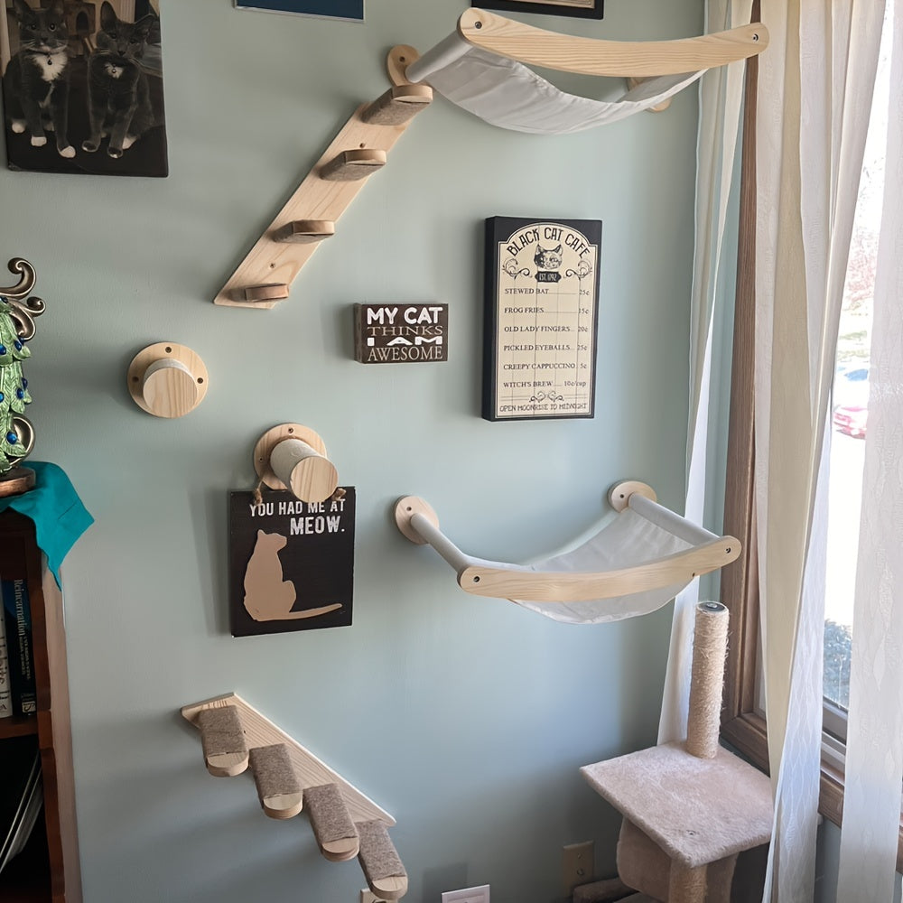 Installed DIY wall shelves for cats in a home setup, featuring hammocks, platforms, and stairs for a playful and functional space.