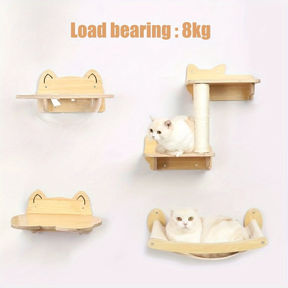 Complete set of wall shelves for cats, including various designs such as hammocks and platforms with a load-bearing capacity of 8kg