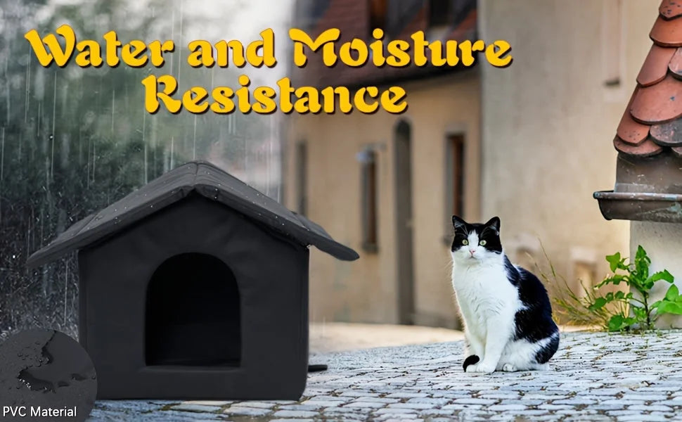 Water and moisture-resistant insulated cat house for winter, made with durable PVC material.