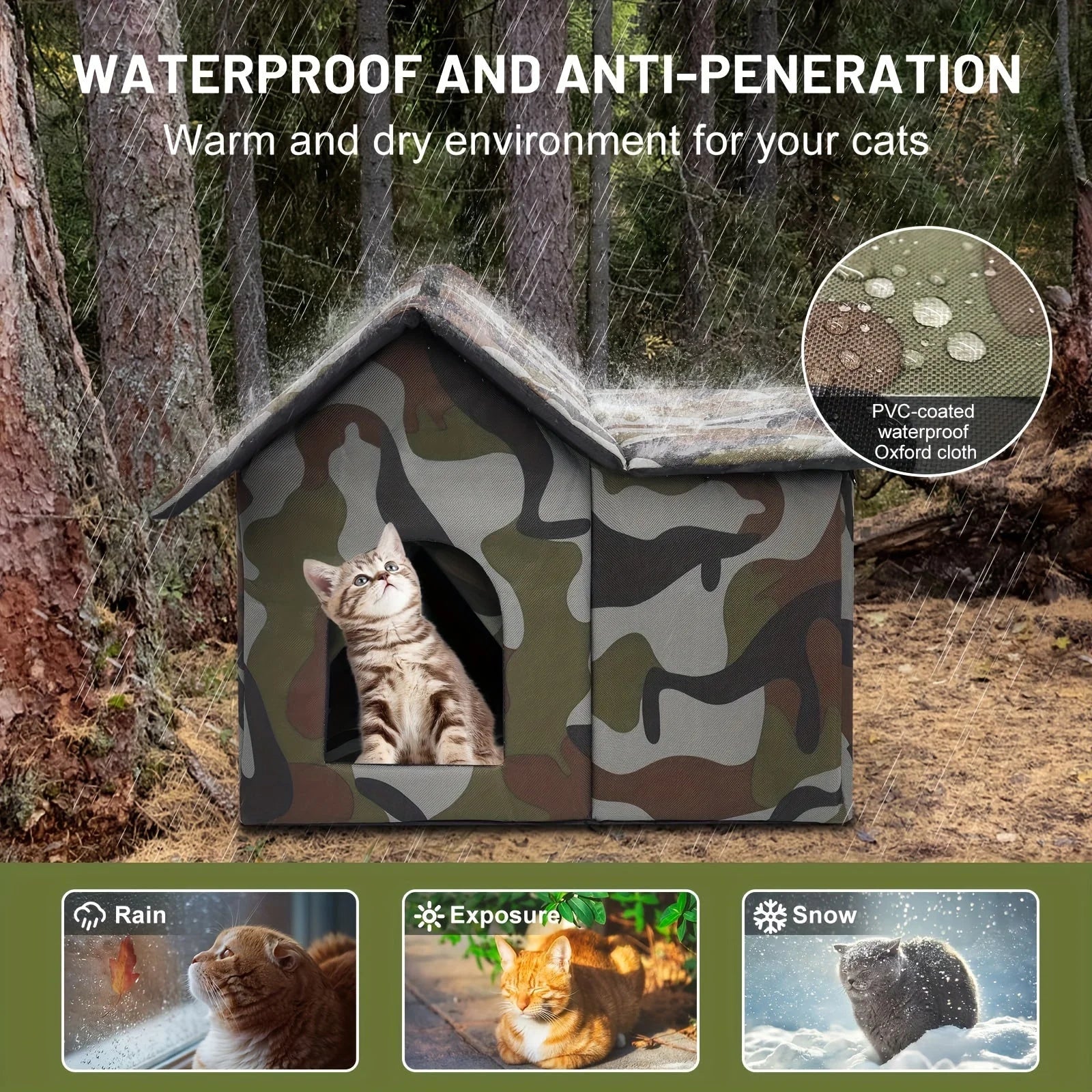 Waterproof and durable outdoor cat shelter in camouflage design for winter weather