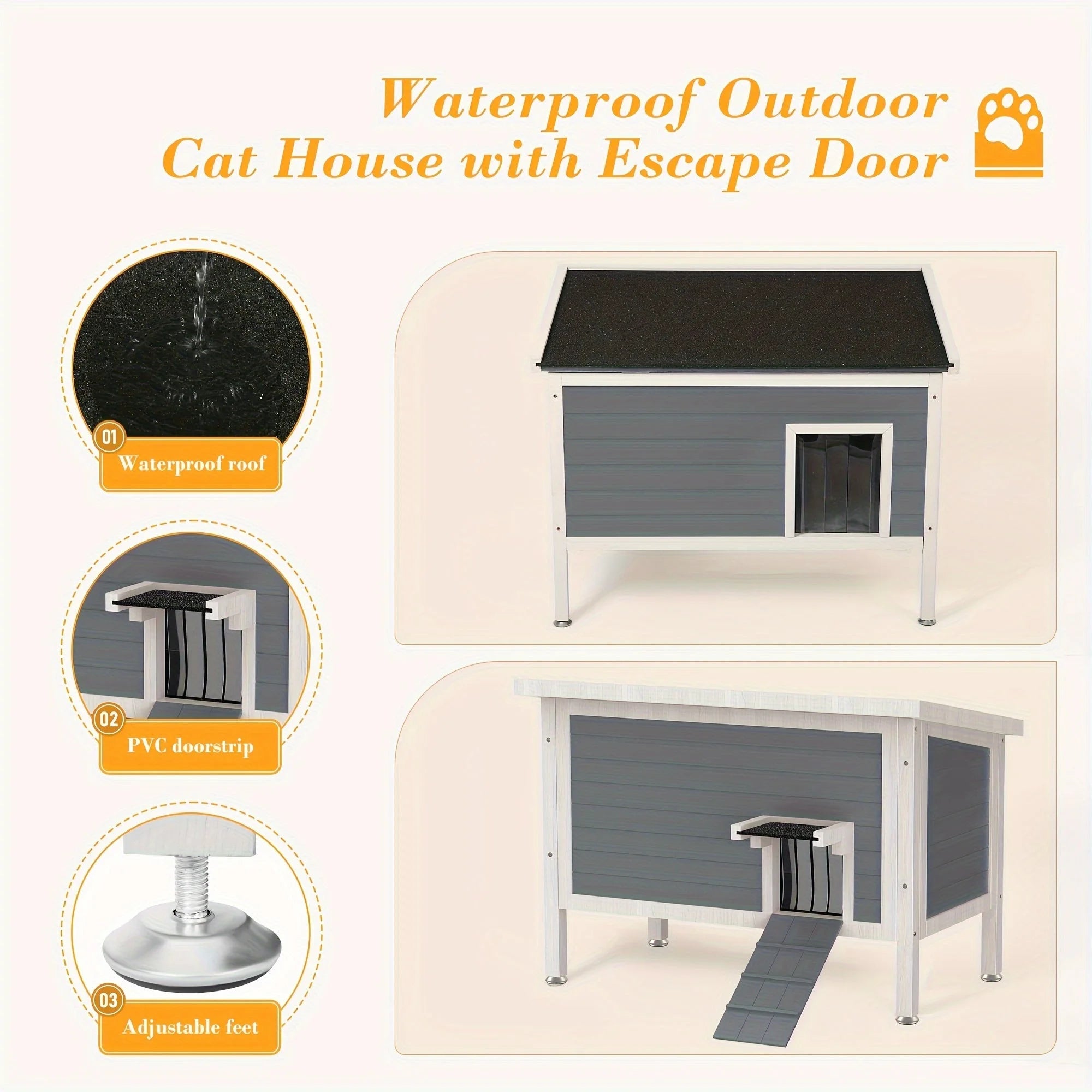 Waterproof outdoor cat house with escape door and adjustable feet for stability.