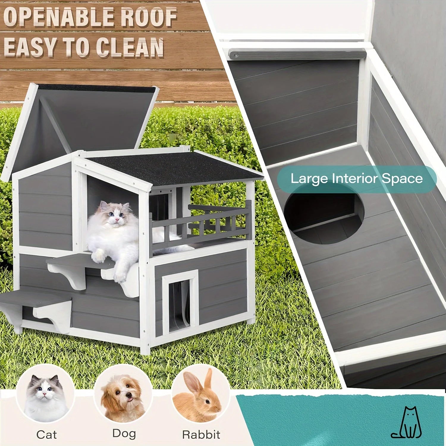 Waterproof outdoor cat house with an openable roof for easy cleaning and maintenance.