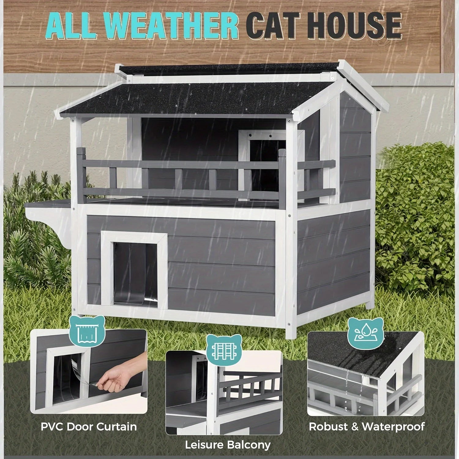 Waterproof outdoor cat house with PVC door curtain for added weather protection.