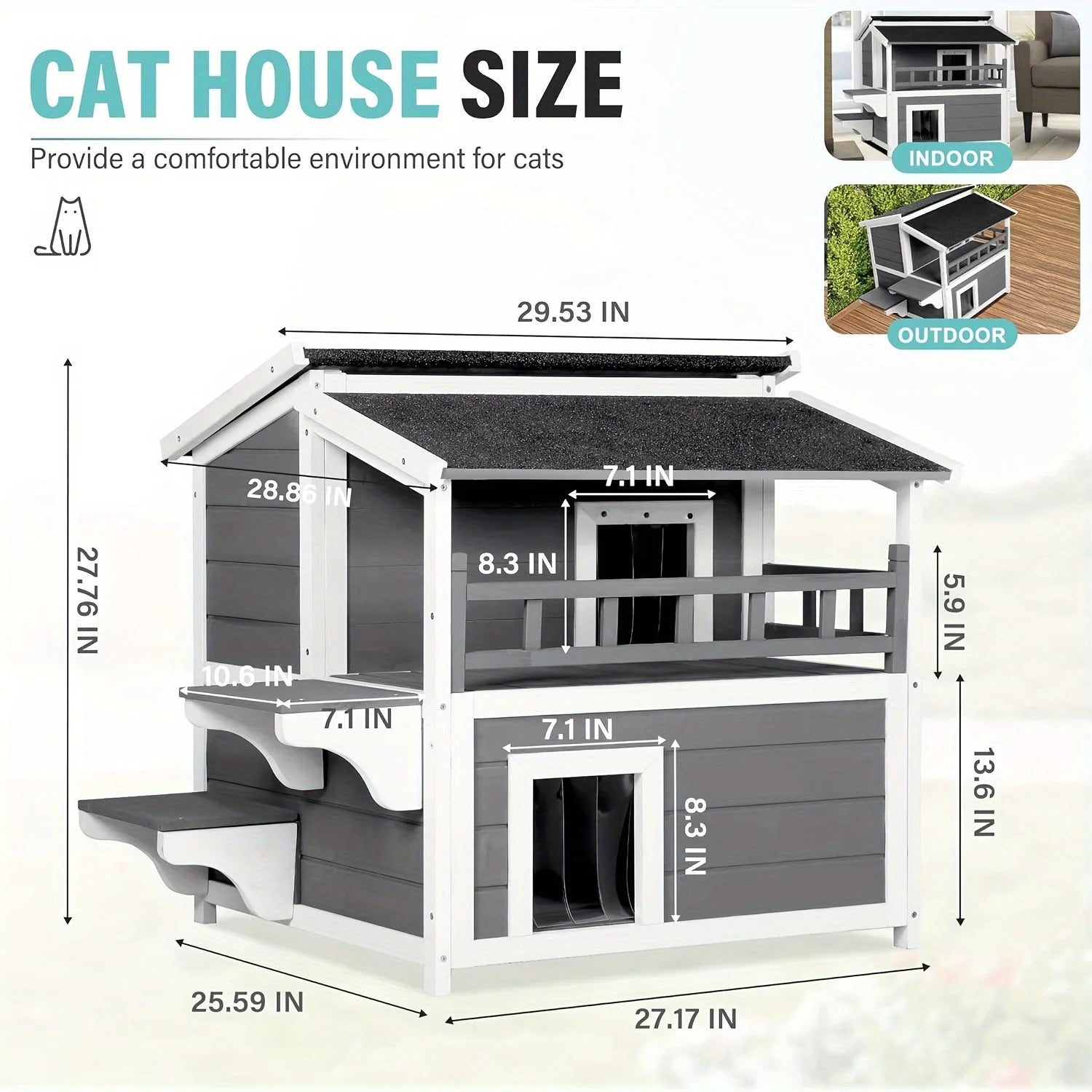 Dimensions and details of the waterproof outdoor cat house for optimal fit.