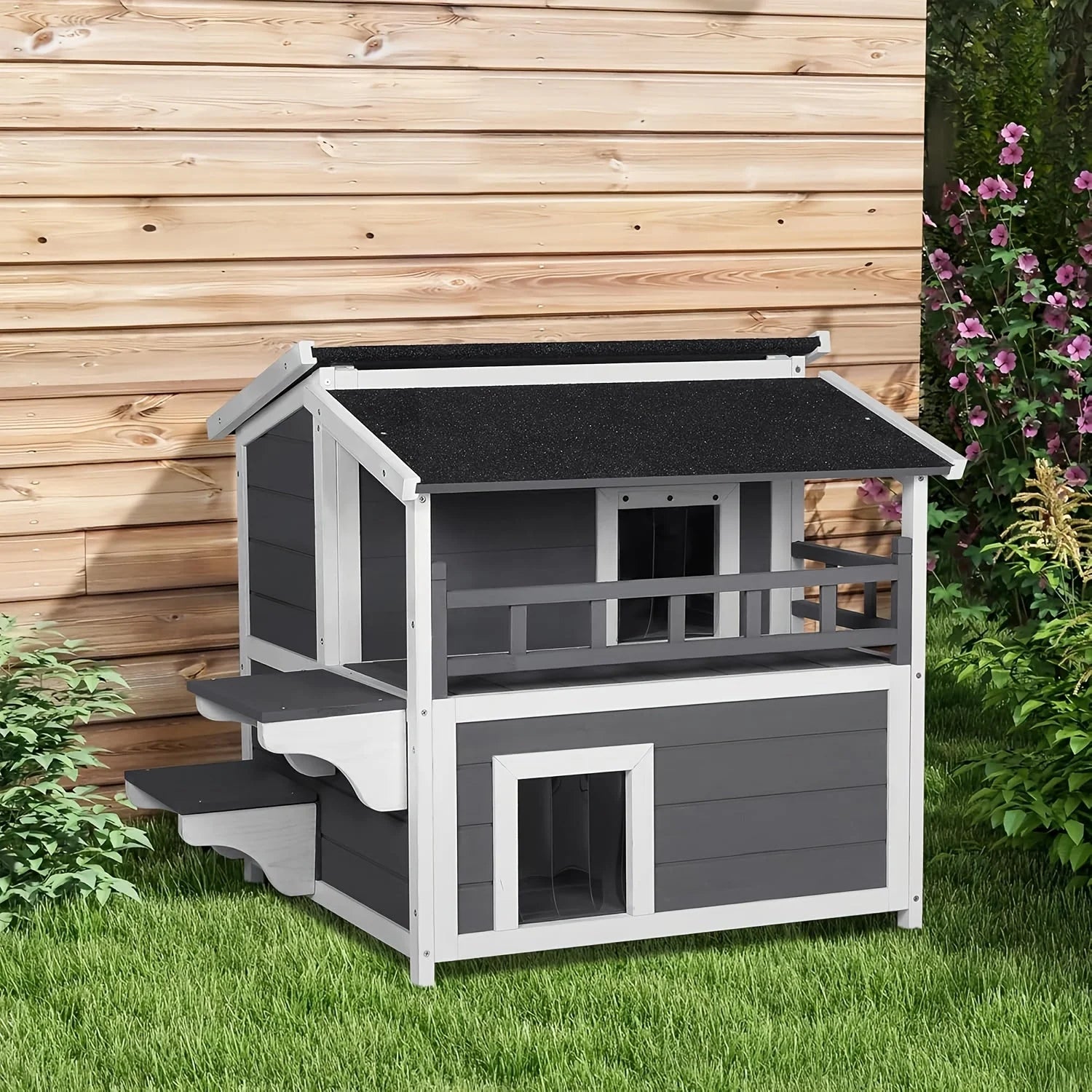 Durable waterproof outdoor cat house near a wooden wall, blending with outdoor decor.