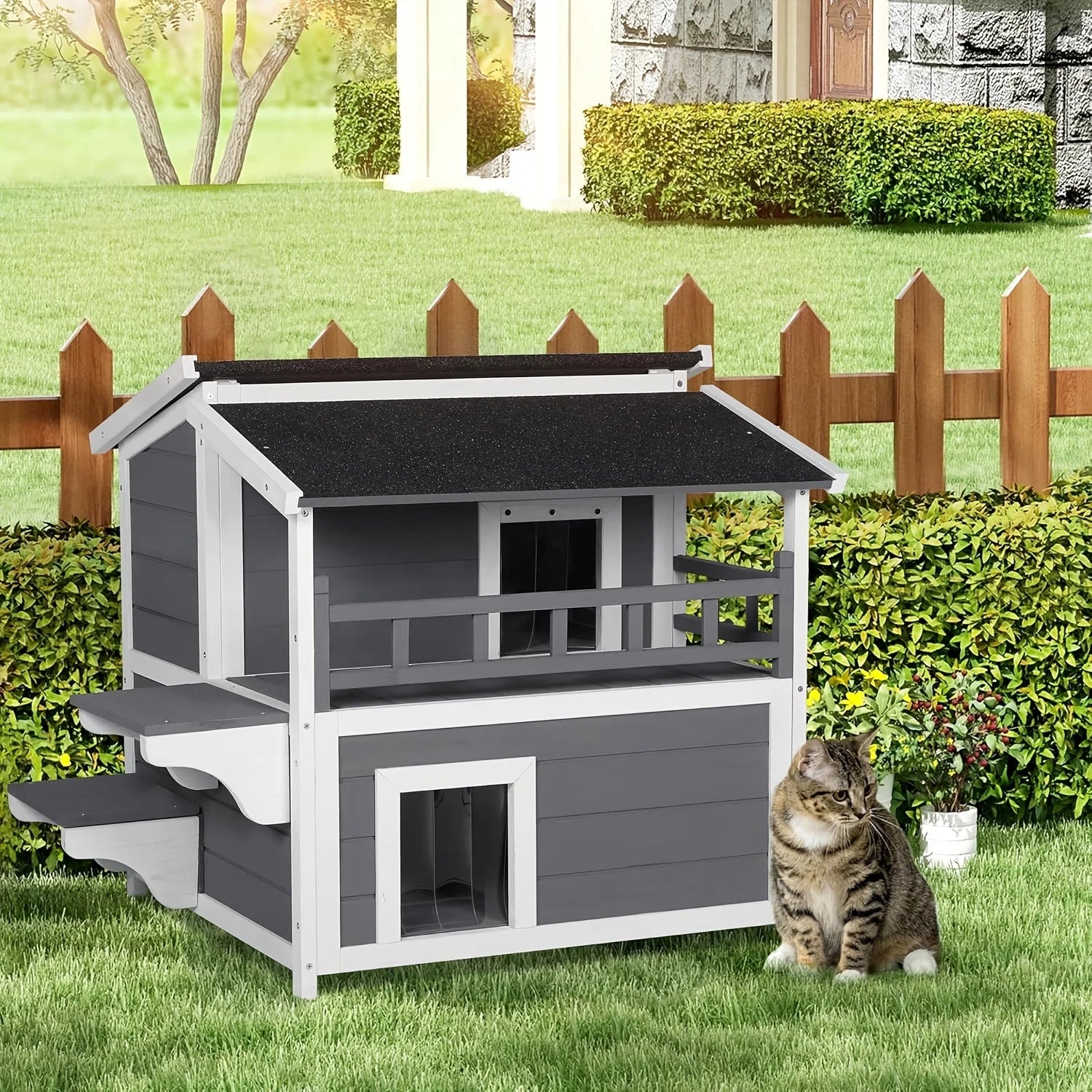 Stylish waterproof outdoor cat house placed in a garden, perfect for pets.