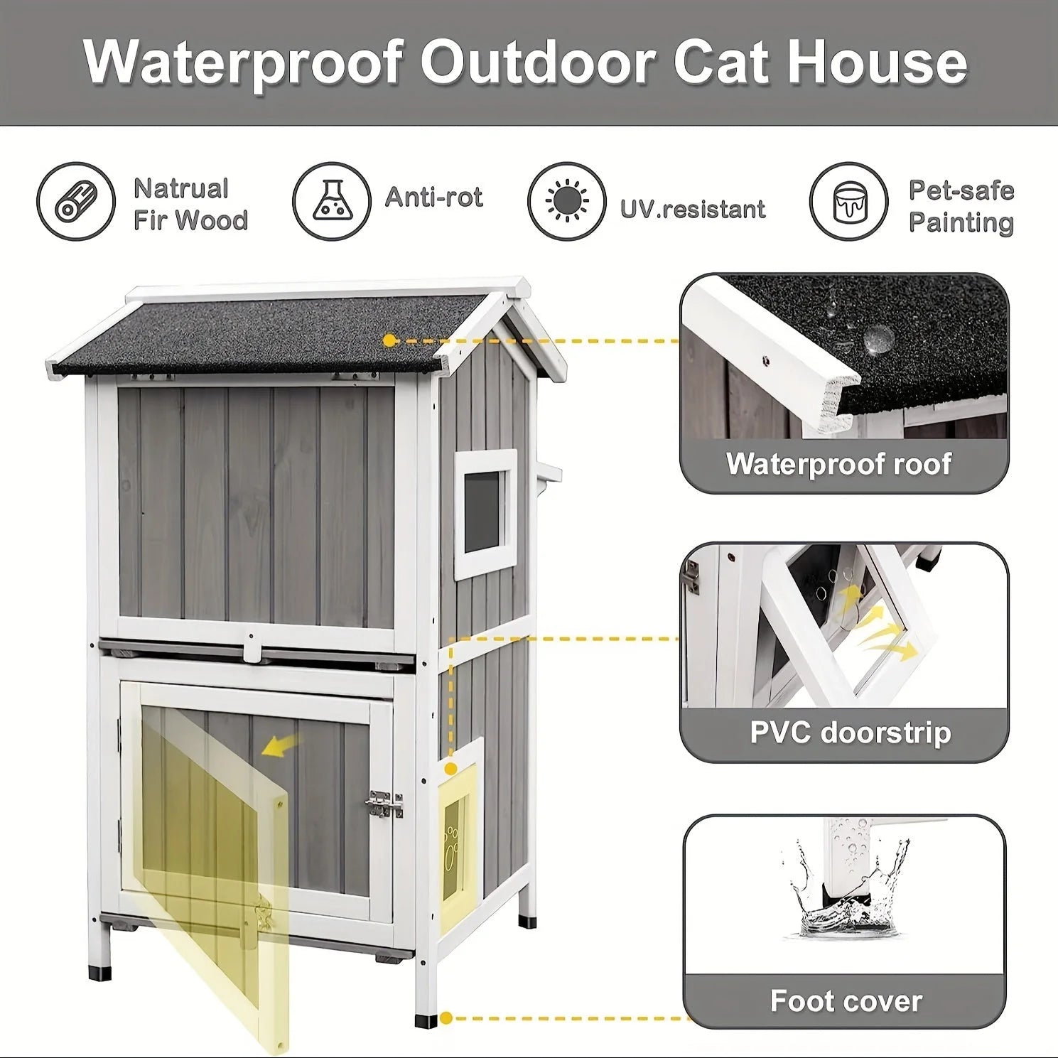 Waterproof outdoor feral cat house with durable roof and PVC doorstrip