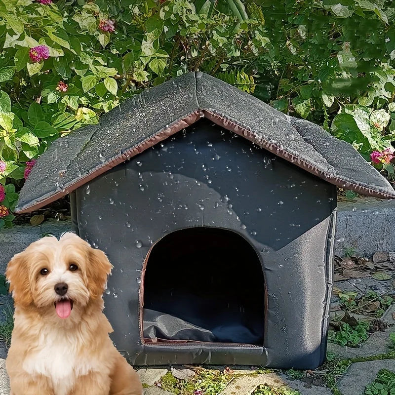 Waterproof outdoor shelter for stray cats in a garden with a small dog nearby