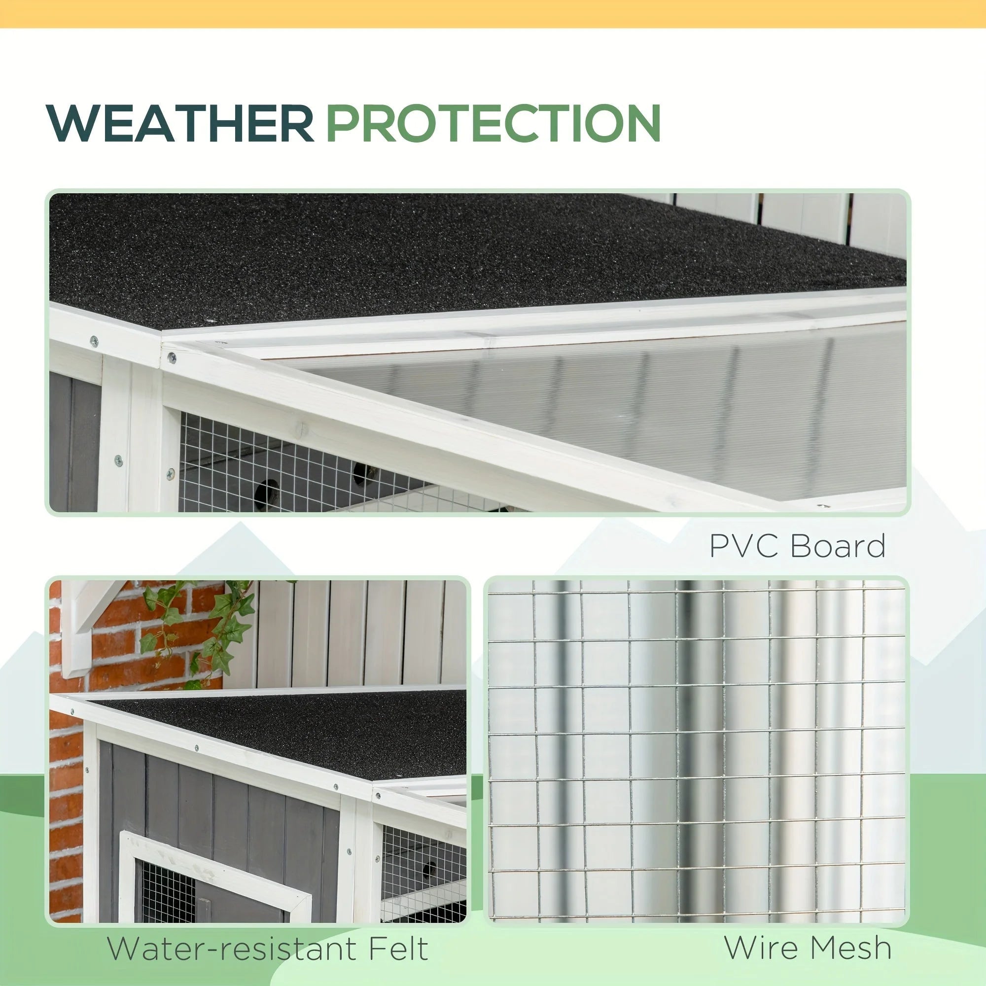  Weather-protected outdoor cat cage enclosure featuring water-resistant felt, PVC board, and wire mesh.