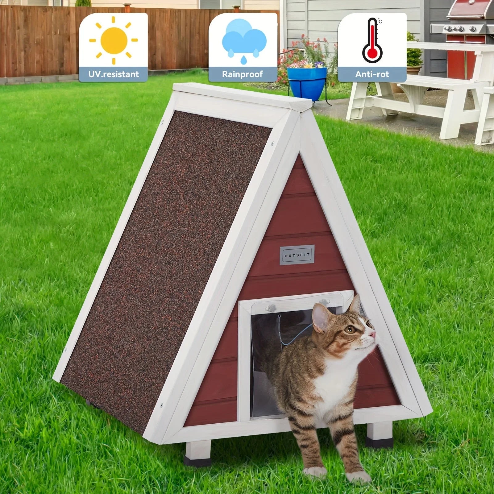 A small outdoor cat house with weatherproof features, UV-resistant and anti-rot, displayed on a vibrant green lawn with icons showcasing its benefits