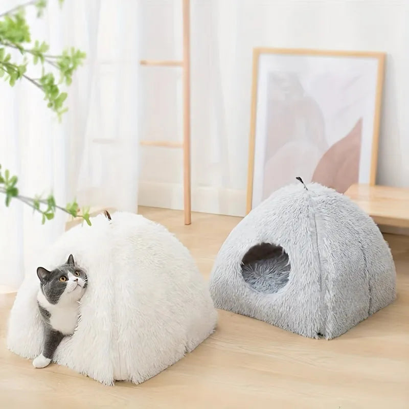 White and gray cat heated beds placed in a modern home setting, offering comfort and warmth for pets