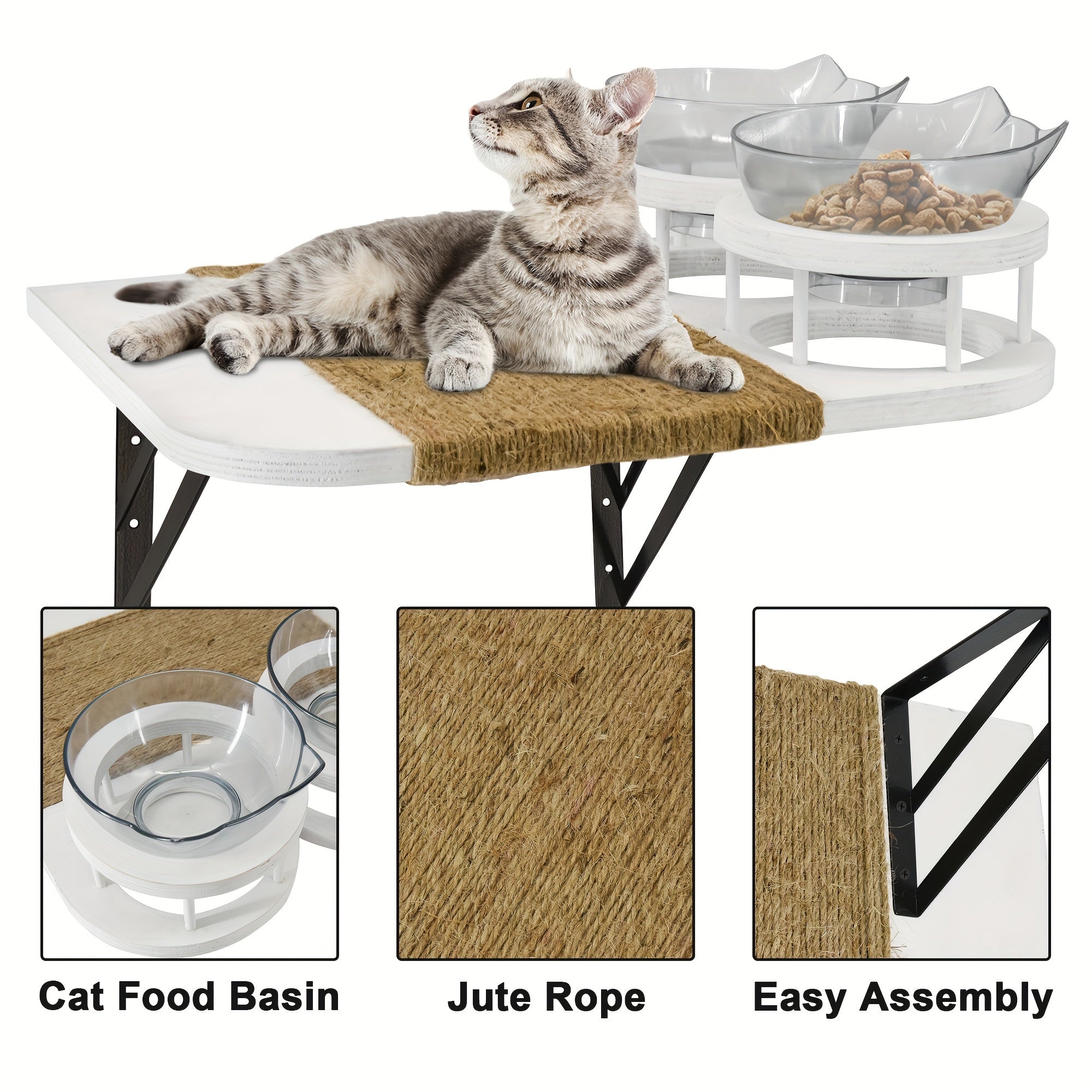 White cat perch wall mount highlighting its jute mat, food basins, and easy assembly design