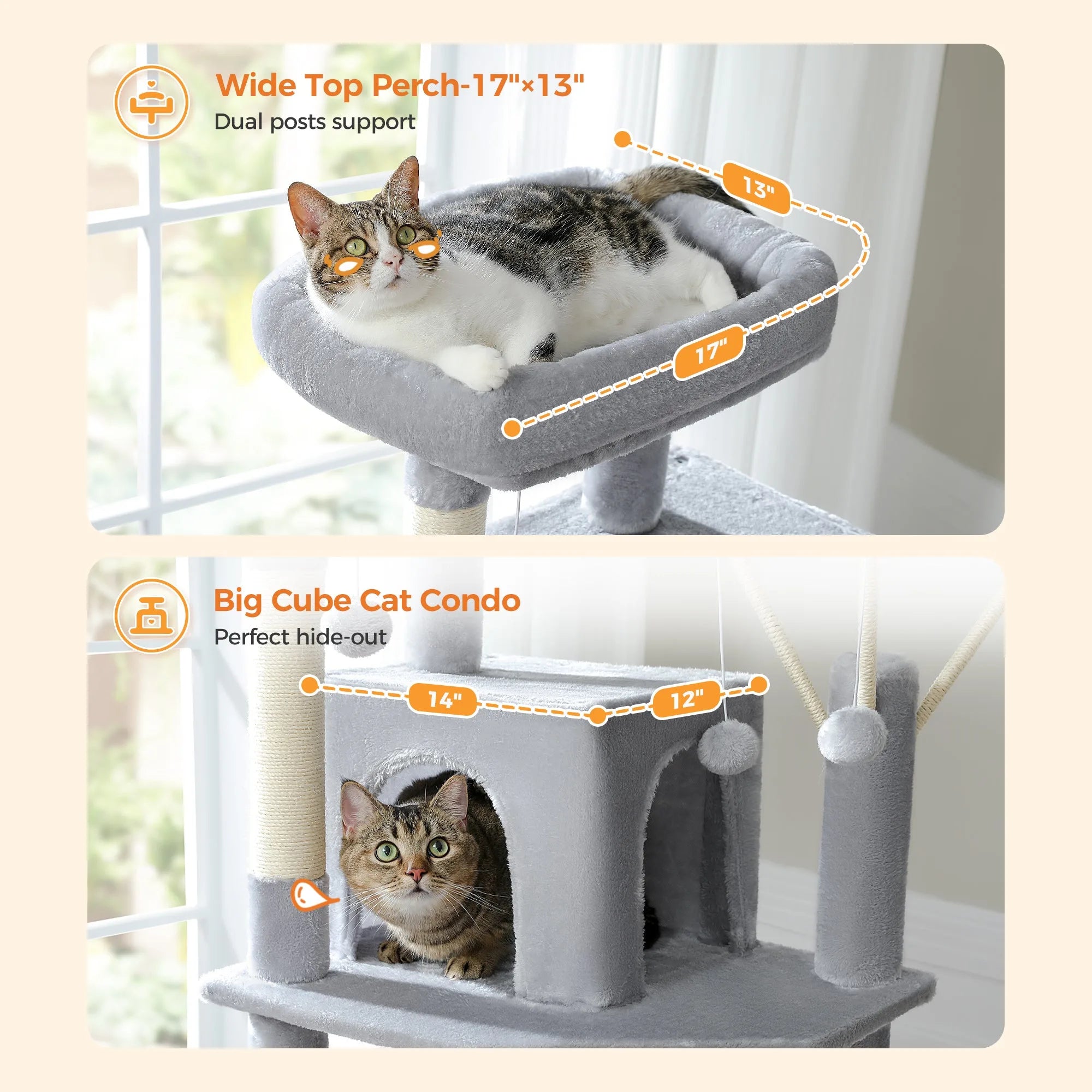 Wide top perch and cube hideout on a cat condo for large cats, providing perfect relaxation and play areas.