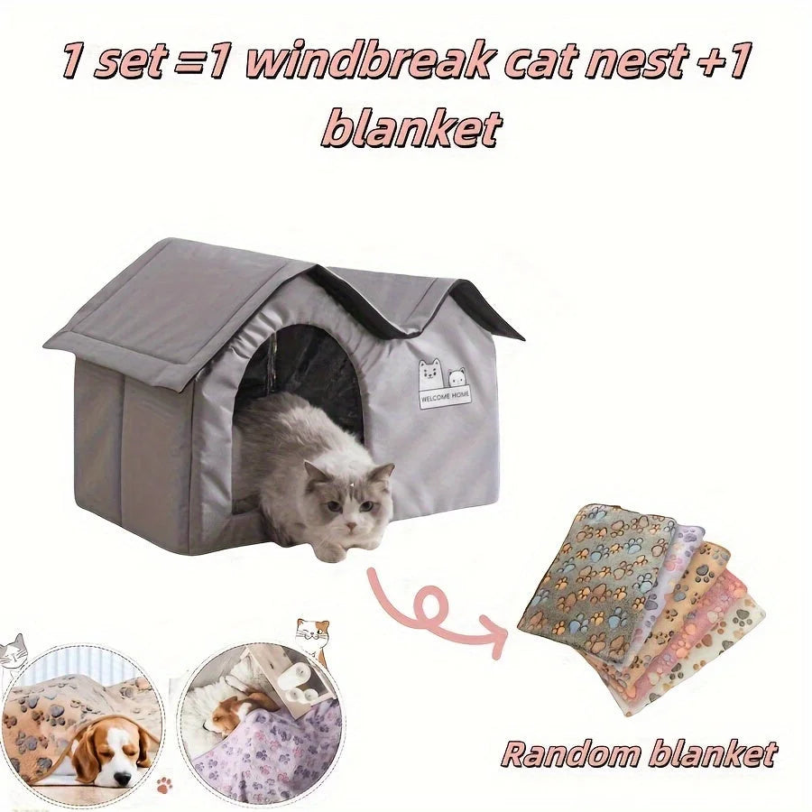 Winter cat shelter set includes a cozy blanket to ensure extra warmth and comfort for pets.