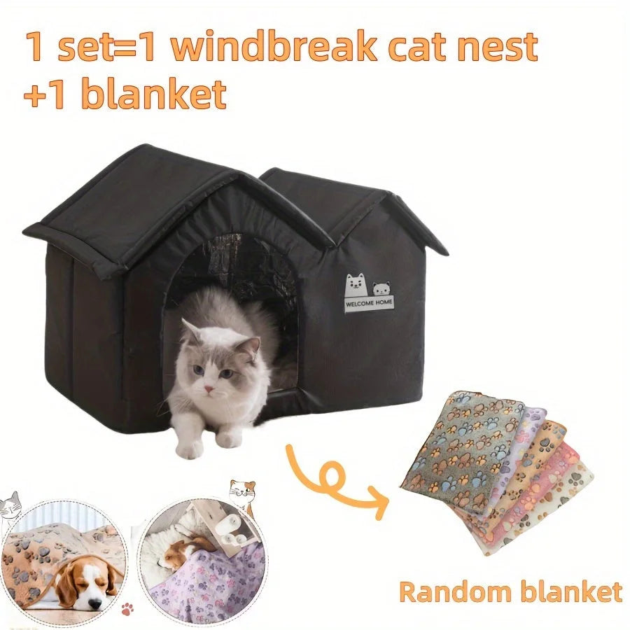 Winter cat shelter set includes a cozy blanket to ensure extra warmth and comfort for pets.