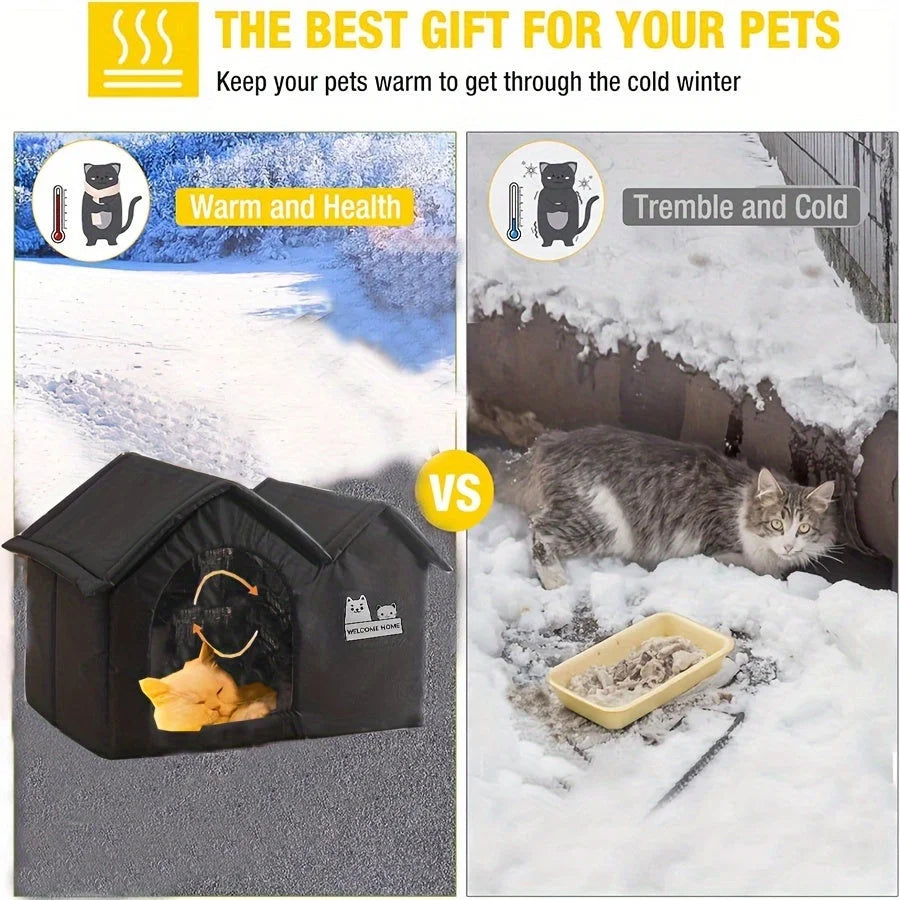 Comparison showing the benefits of a winter cat shelter versus outdoor exposure to freezing conditions.