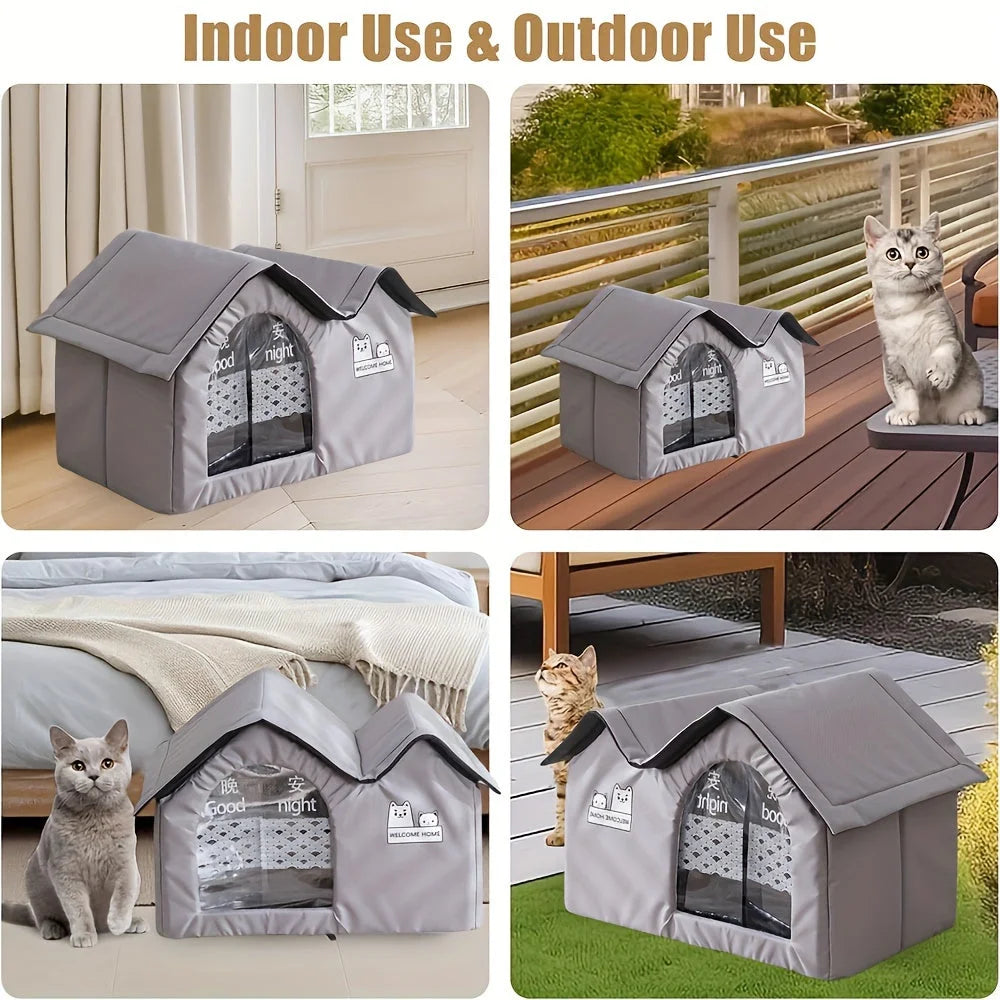 Versatile winter cat shelter suitable for both indoor and outdoor use, designed for all-season comfort.