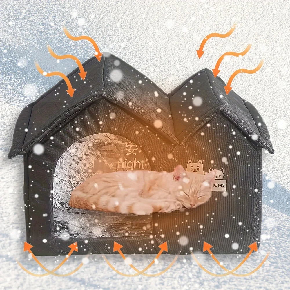 Snow-proof winter cat shelter designed to keep pets warm and safe during harsh winter weather.