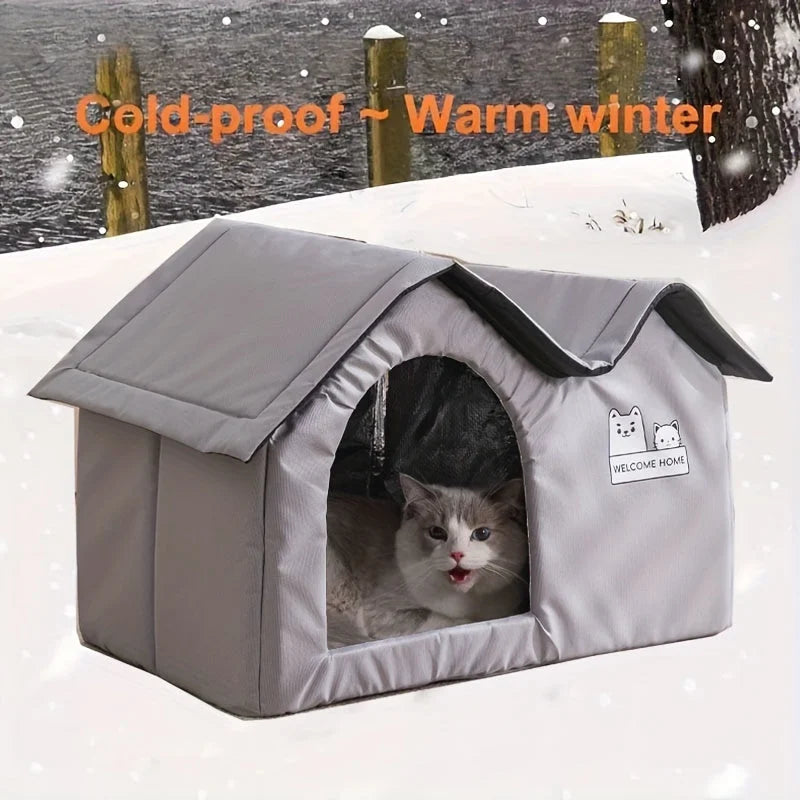 Cold-proof winter cat shelter ensuring warmth and comfort for cats in freezing temperatures.