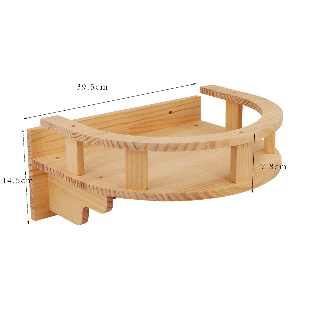 Wooden cat shelf with a curved railing design and detailed dimensions.
