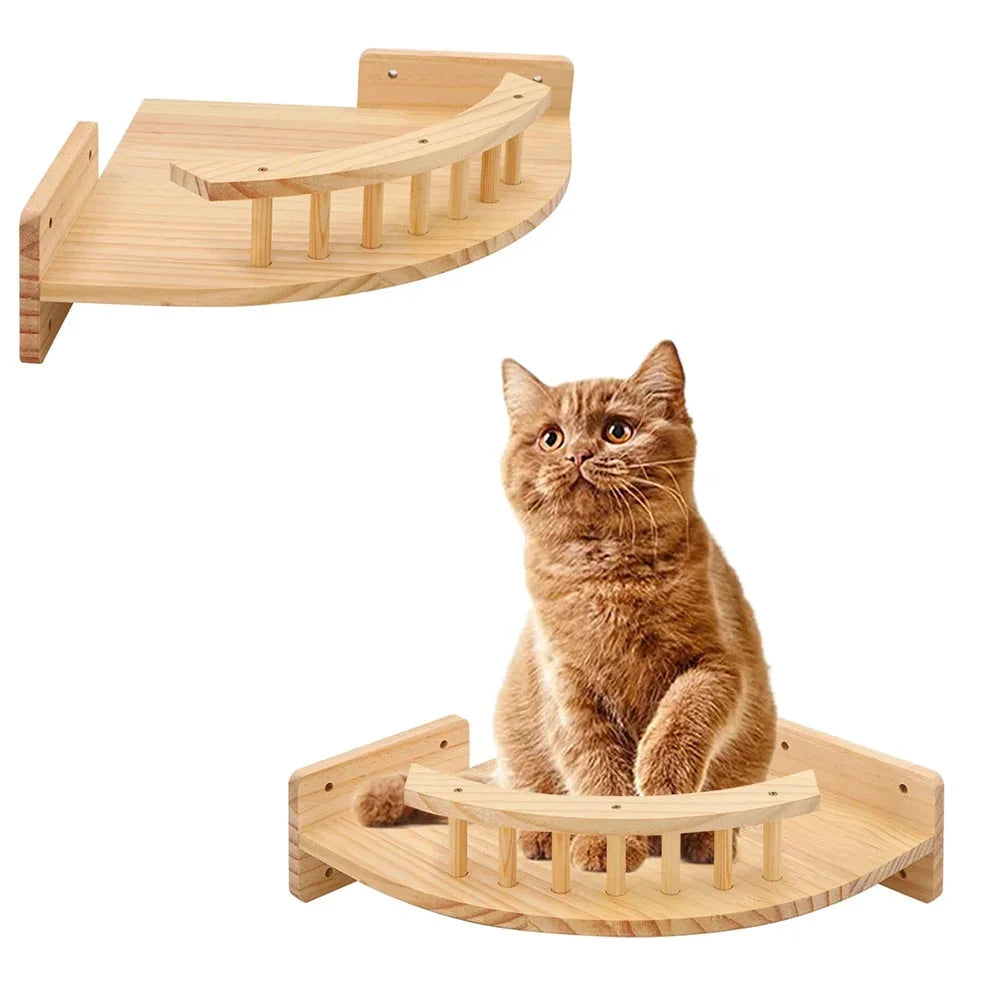 Wooden cat shelf with protective railing and a spacious platform for comfortable lounging.