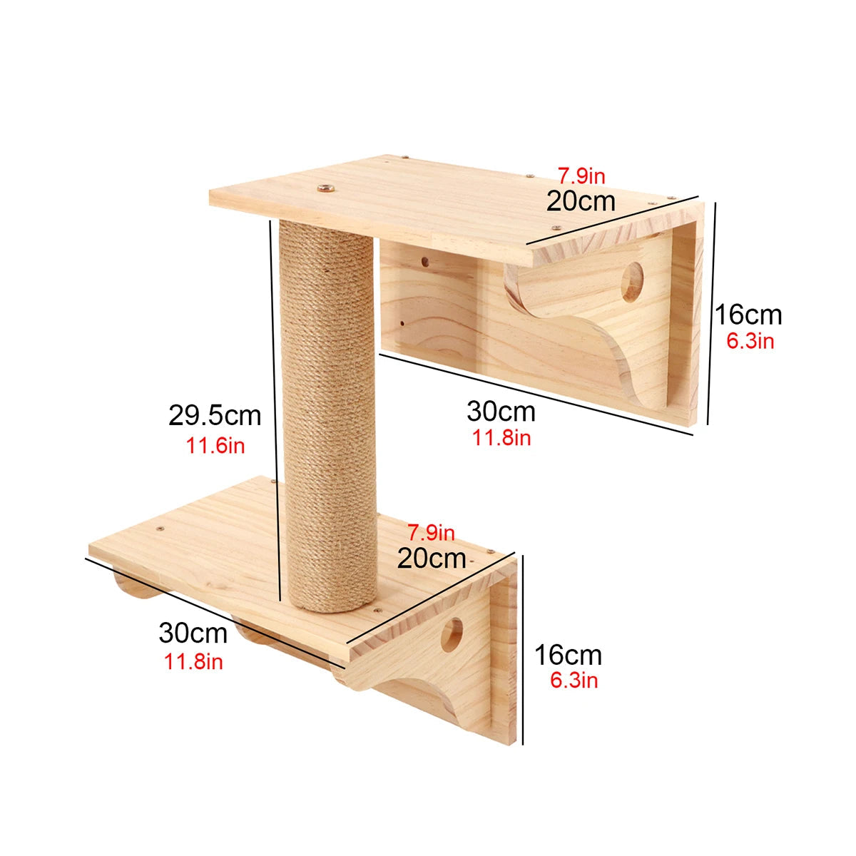 Wooden cat shelf with sisal-covered scratching post and dual platforms for climbing and scratching.