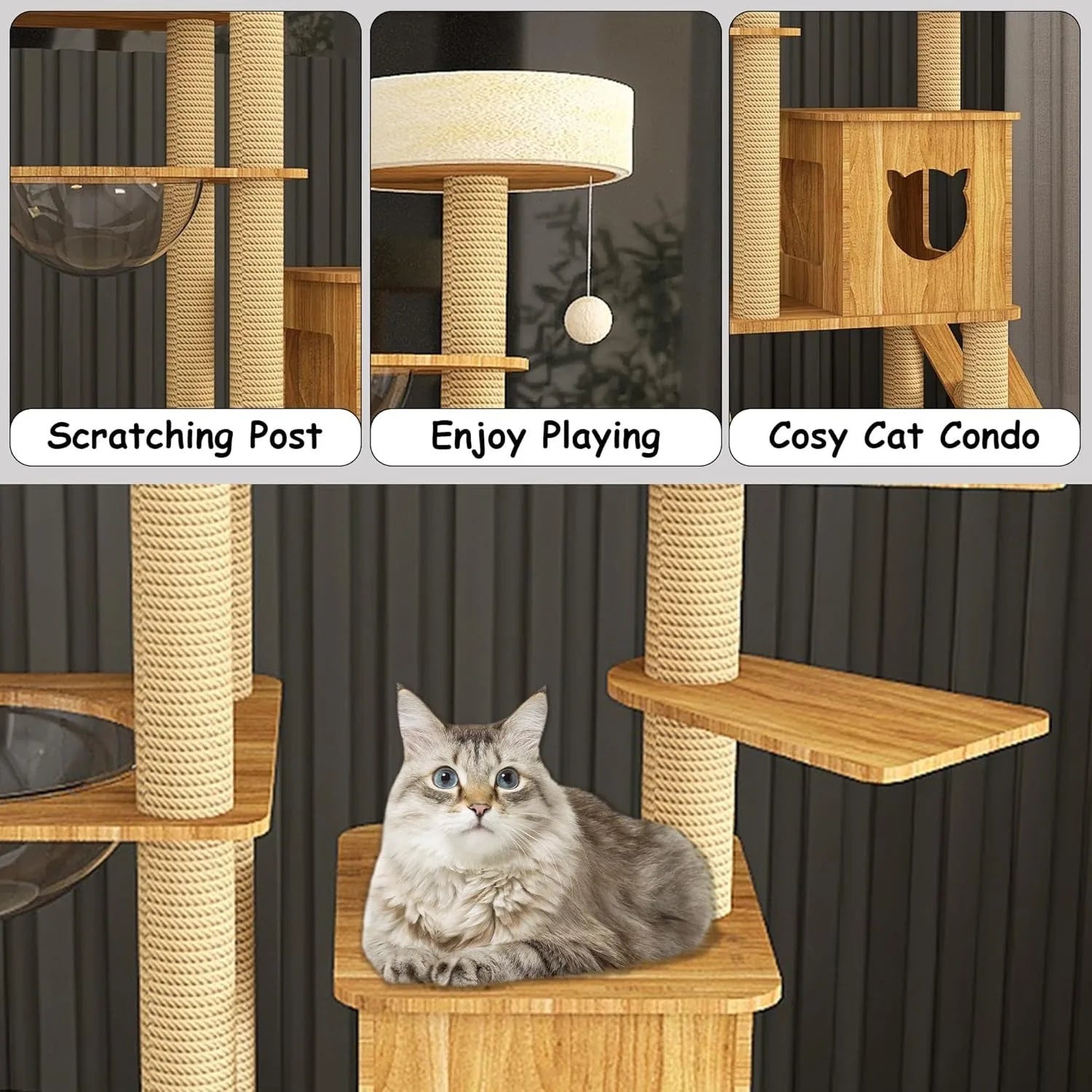 Close-up of wooden cat tower features including scratching post, cozy cat condo, and interactive play area."