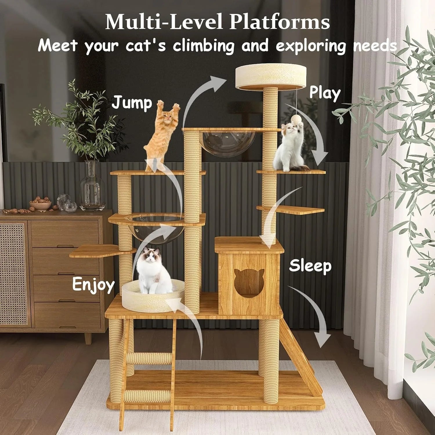 Wooden cat tower with multi-level platforms for climbing, jumping, playing, and sleeping to meet your cat's exploration needs.