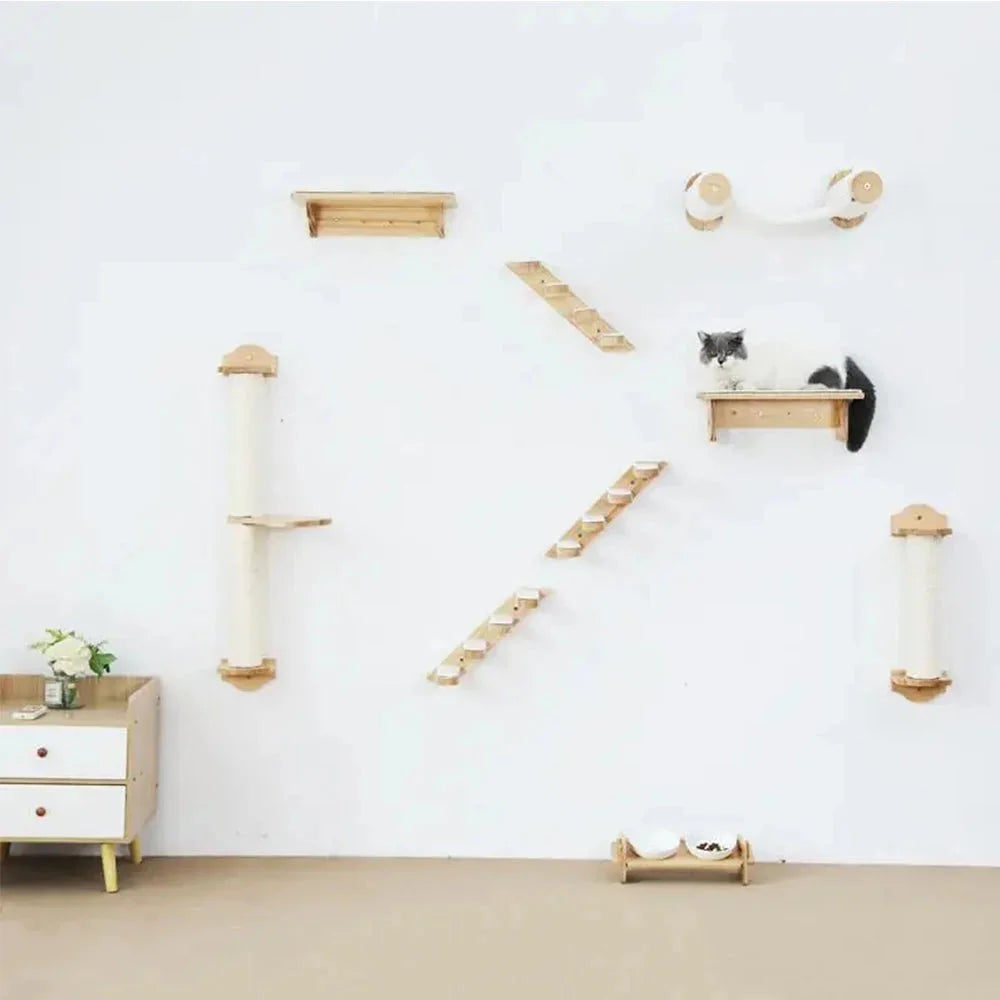 Modern cat wall climbing system with multiple platforms, bridges, and a hammock for playful and active cats.