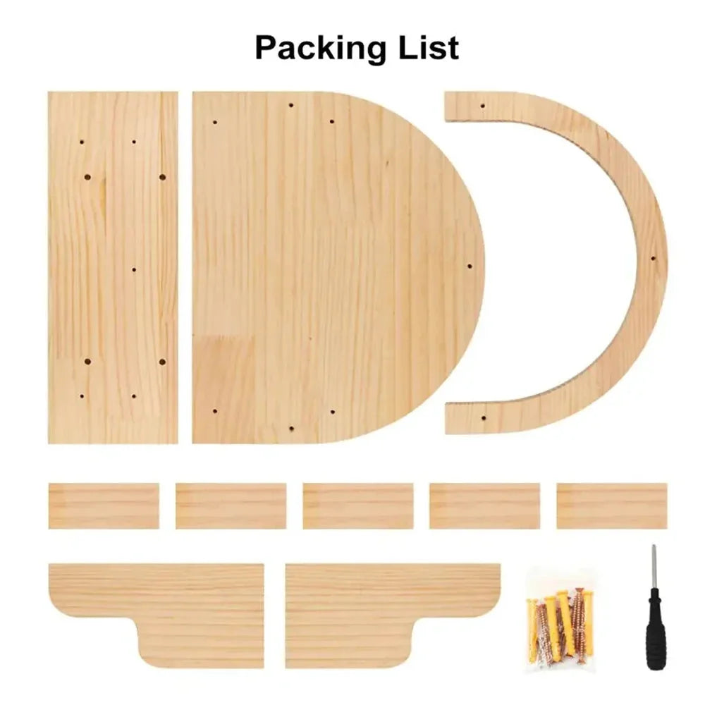 Wooden cat wall shelf parts and assembly tools in a detailed packing list.