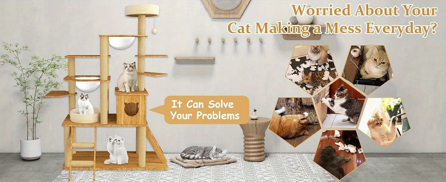 Super flexible wooden cat playground with sections for observing, jumping, sleeping, playing, scratching, and climbing."